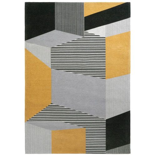 METROPOLIS Yellow, szürke-sárga geometrikus retro mintás szőnyeg szennytaszító bevonattal