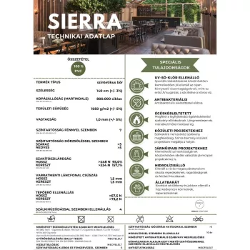   Sierra, prémium UV álló műbőr, extra kopásállósággal és égéskésleltetett tulajdonsággal 26 színben