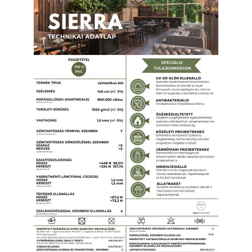Sierra, prémium UV álló műbőr, extra kopásállósággal és égéskésleltetett tulajdonsággal 26 színben