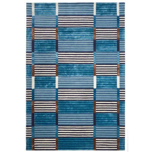 Admiral, kék-barna geometriai mintás, bársonyos felületű, kézi szövésű prémium szőnyeg 160x230 cm