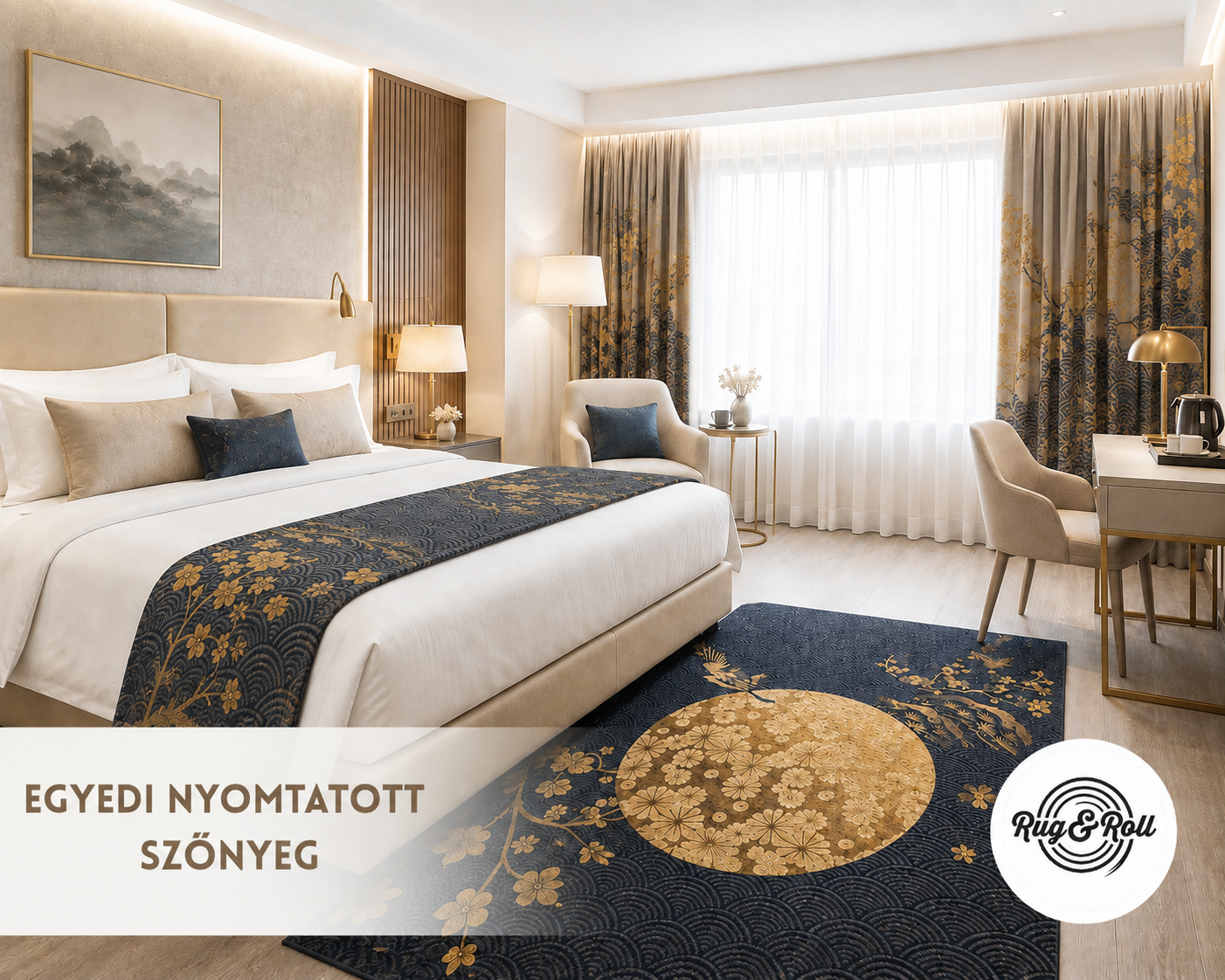 Azonos kék-arany mintával összehangolt szőnyeg és szállodai lakástextilek