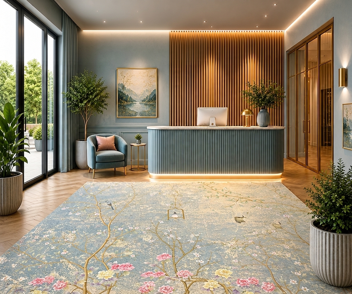 Világoskék egyedi nyomtatott szőnyeg elegáns recepciós térben